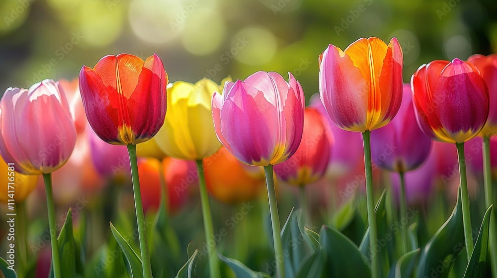 Vibrant tulips bloom in colorful springtime garden. Vibrant tulips bloom in colorful springtime garden.