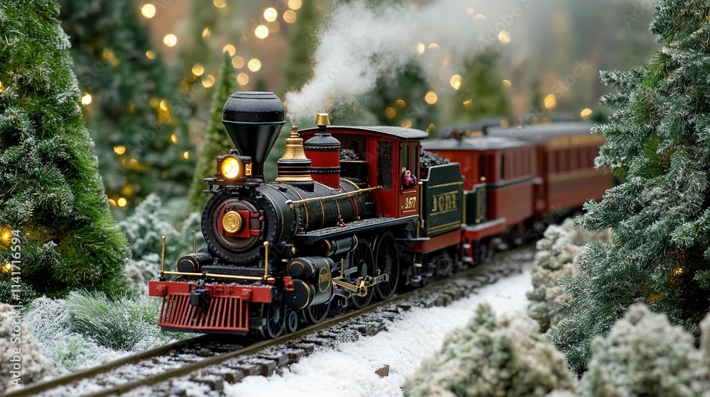 Fototapeta premium Toy train going the Christmas tree