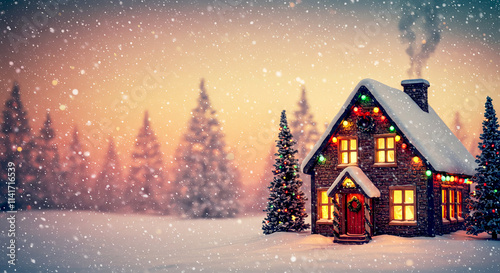 Beautiful colorful decorated house in the snow land on the eve of Christmas where colorful lighting on house and Christmas tree