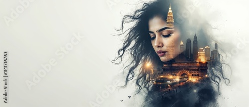 double exposure woman and the city photo