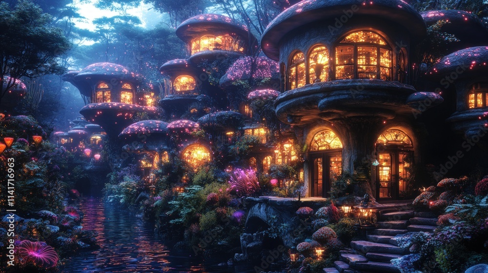 Obraz premium Enchanted mushroom village, glowing lights, water stream.