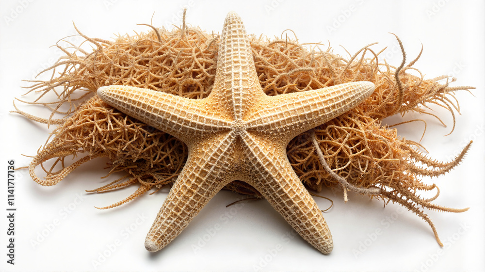 Beige starfish resting on straw nest with soft white background Beige starfish resting on straw nest with soft white background