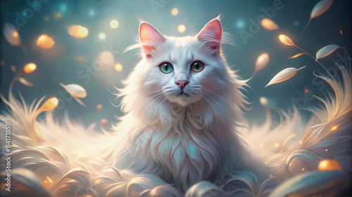 White cat sitting surrounded by glowing fairy lights with soft bokeh
