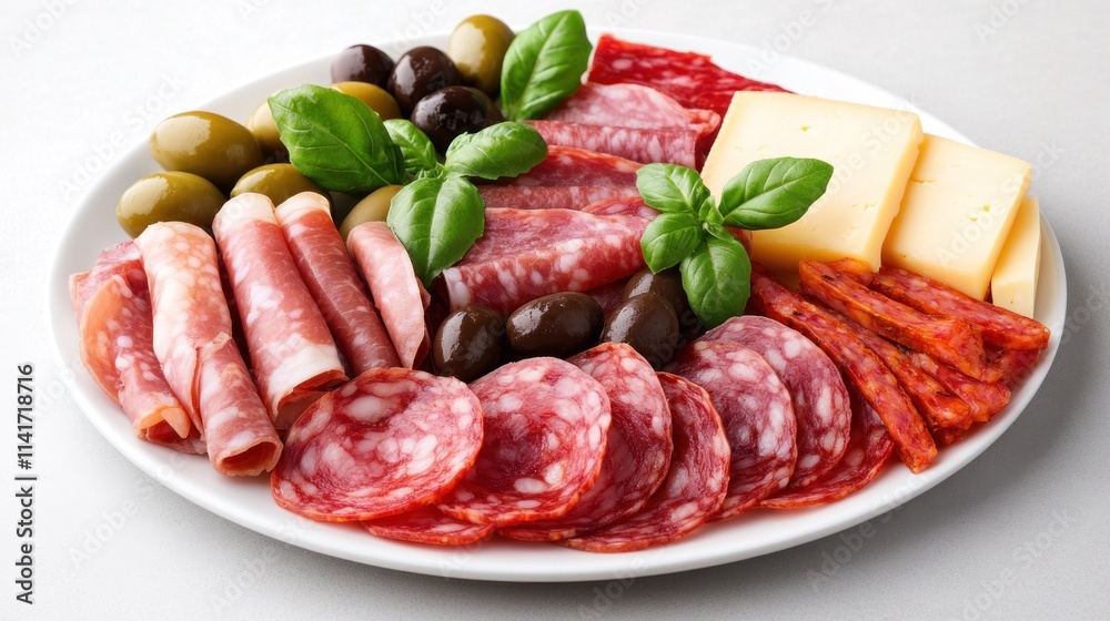 A platter of assorted meats, olives, and cheese garnished with basil. A platter of assorted meats, olives, and cheese garnished with basil.