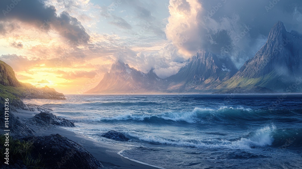 A serene coastline with cliffs and hidden coves, where waves gently crash against rocks. The horizon is endless, with only the soft hues of dawn in the sky A serene coastline with cliffs and hidden coves, where waves gently crash against rocks. The horizon is endless, with only the soft hues of dawn in the sky