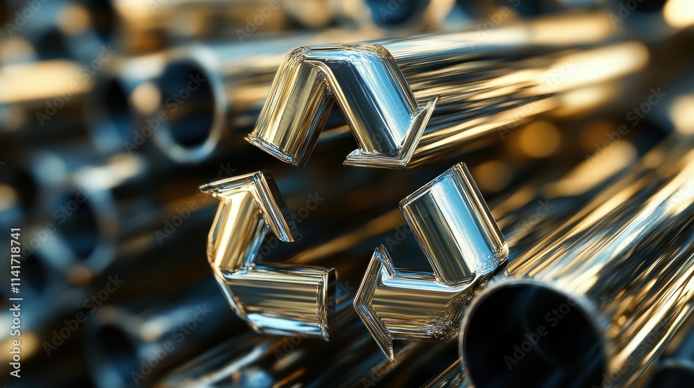 Recycling Symbol Crafted from Polished Stainless Steel Pipes Industrial Setting Creative Photography Close-Up View Sustainable Concept Recycling Symbol Crafted from Polished Stainless Steel Pipes Industrial Setting Creative Photography Close-Up View Sustainable Concept