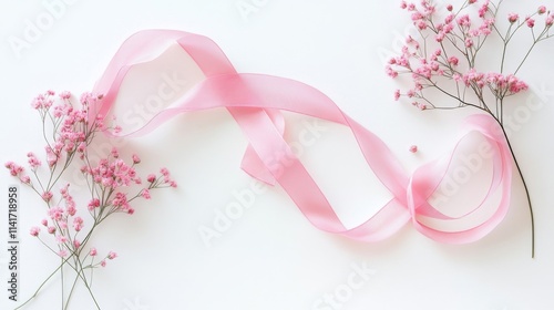 Pink Ribbon and Delicate Baby Breath Flowers on White