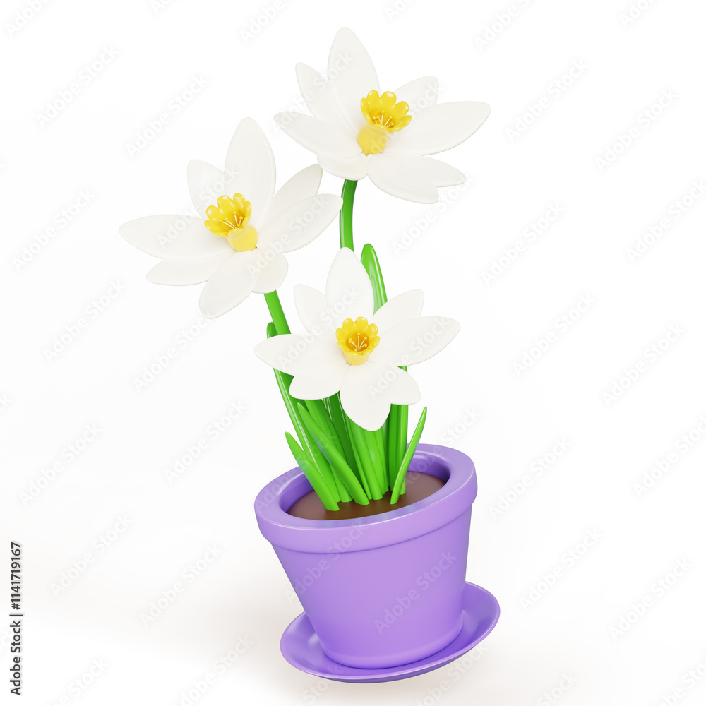 3d daffodil flower in pot. Narcissus bouquet, house plant in flowerpot for gift or home interior decor. Floral bunch with green leaf and blossom isolated on white background render. 3D illustration 3d daffodil flower in pot. Narcissus bouquet, house plant in flowerpot for gift or home interior decor. Floral bunch with green leaf and blossom isolated on white background render. 3D illustration
