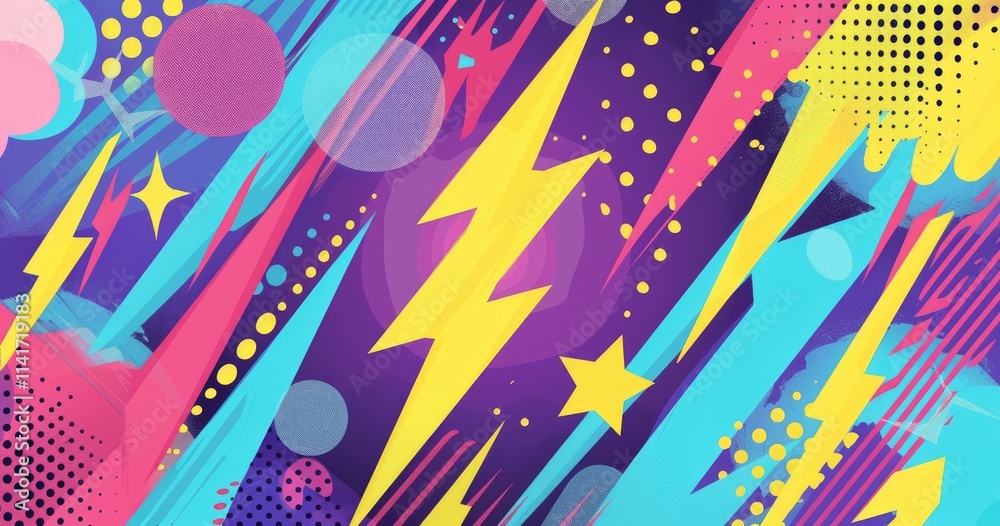 Fototapeta premium A vibrant graphic design featuring colorful lightning bolts and abstract shapes on a dark background.
