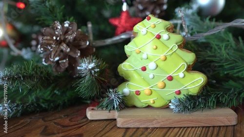 Christmas gingerbread. Winter festive decor, flashing glittery lights.