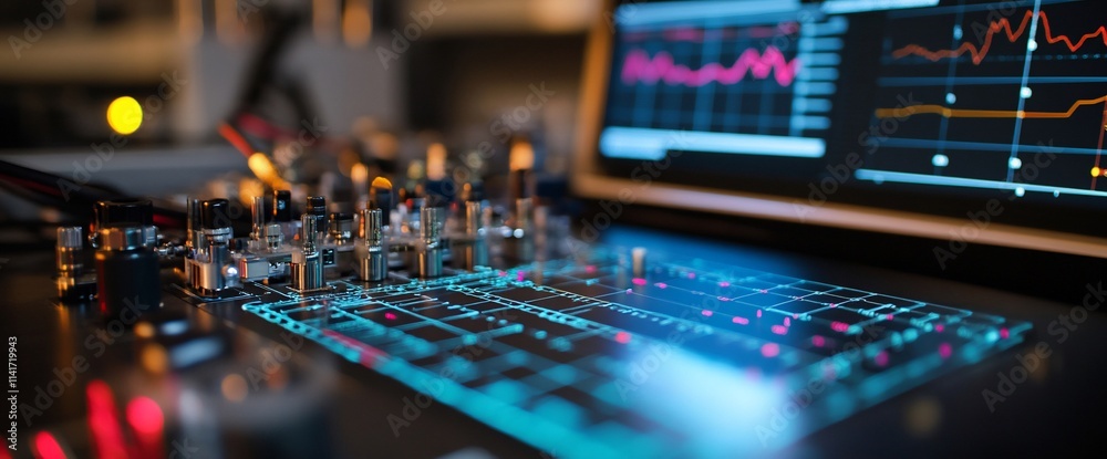 Close-up of a digital interface with data visualization and electronic components. Close-up of a digital interface with data visualization and electronic components.