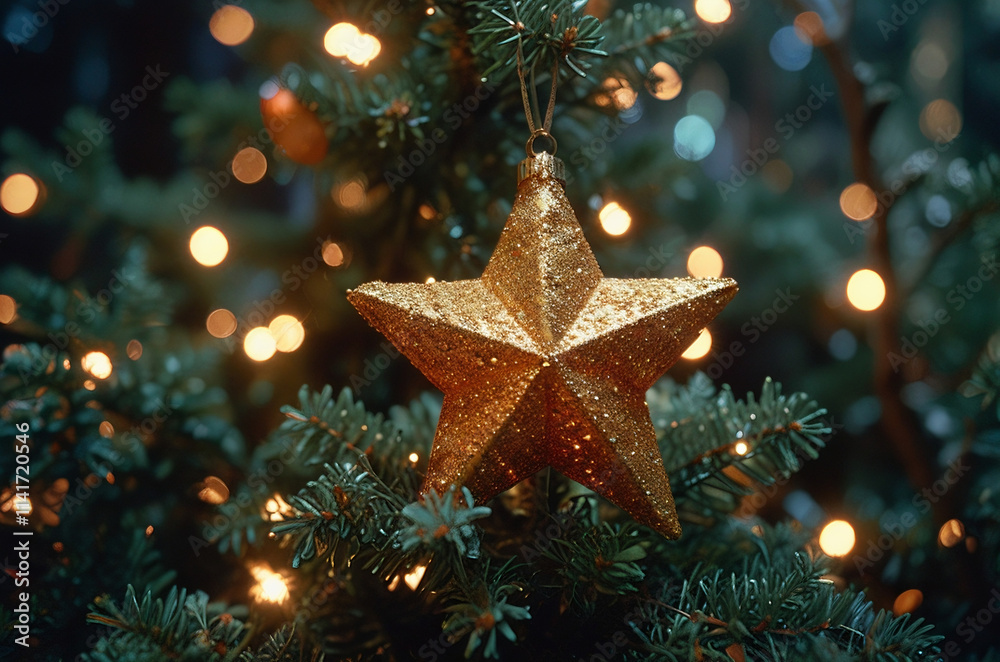 Glittering Gold Star Ornament on a Christmas Tree- christmas tree with stars Glittering Gold Star Ornament on a Christmas Tree- christmas tree with stars