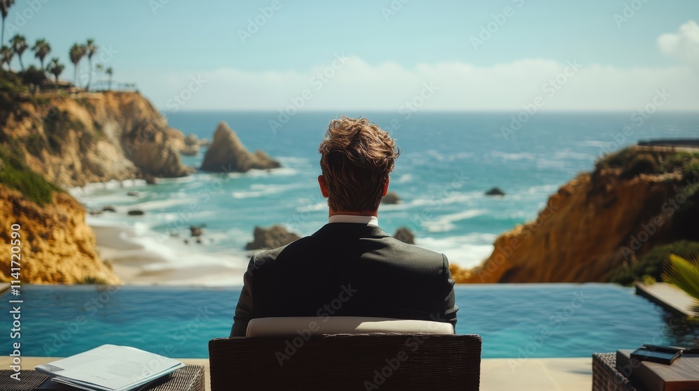 Fototapeta premium Dressed in a sharp suit, a man relaxes by an infinity pool, gazing out at the expansive ocean and dramatic cliffs, lost in thought amidst the tranquil beauty of nature