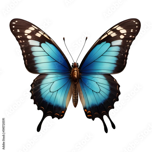 Wonderful blue morpho butterfly with open wings, isolated on transparent background, showing its iridescent blue color and intricate patterns, perfect for nature and wildlife projects