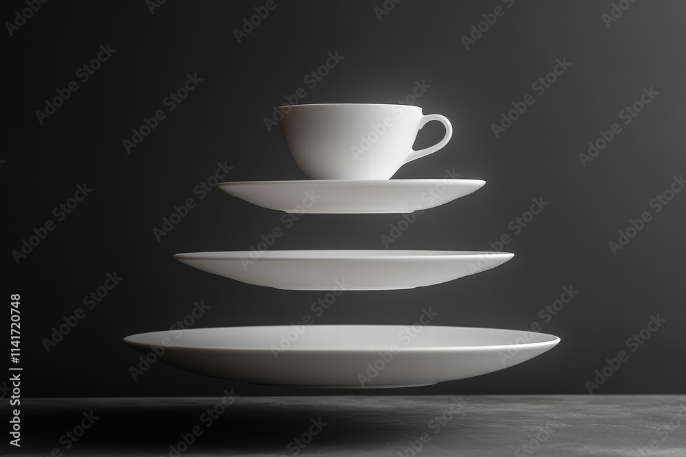 Levitation of Coffee Cup and Plates at Various Heights Minimalist Studio Photography Dark Background Abstract Concept Levitation of Coffee Cup and Plates at Various Heights Minimalist Studio Photography Dark Background Abstract Concept