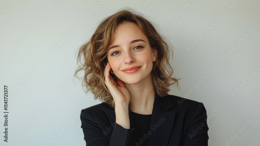 Smiling woman with curly hair poses confidently in a stylish black outfit against a minimalistic background Smiling woman with curly hair poses confidently in a stylish black outfit against a minimalistic background