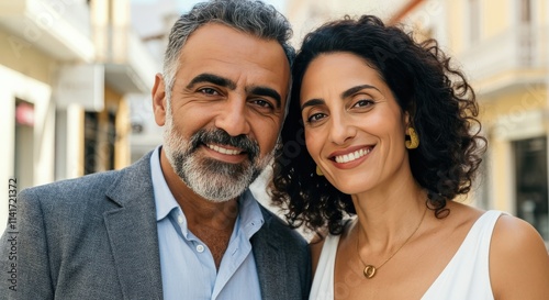 Mature middle eastern couple smiling on a sunny street, ideal for diversity and lifestyle designs photo