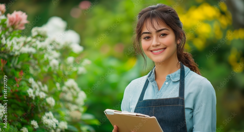 Fototapeta premium A woman in a denim apron smiles while holding a notepad in a vibrant garden