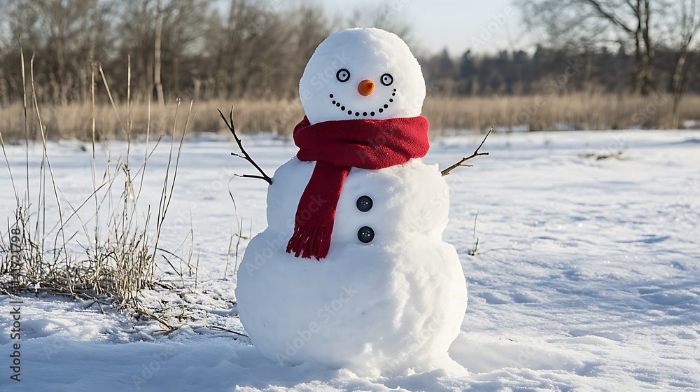 Obraz premium Snowman with Red Scarf and Button Eyes in Winter Landscape
