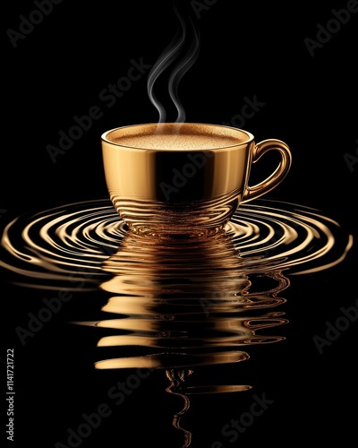 Liquid Ripples from a Golden Coffee Cup Dark Background Visual Art Calm Atmosphere Close-Up Sound Waves Concept photo