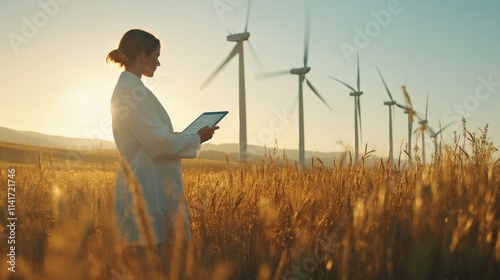 Woman in Field, Wind Turbines, Golden Grass, Sunset, Nature Scene