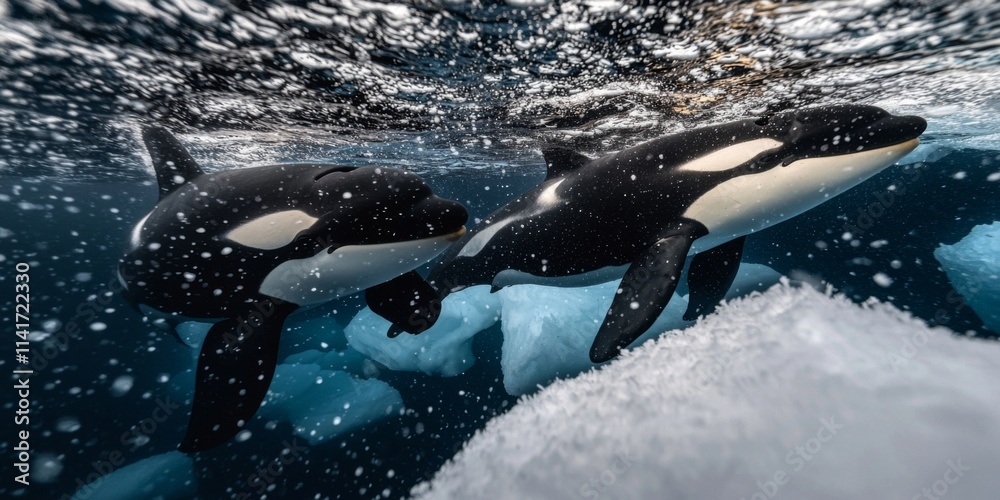 Naklejka premium Dynamic Underwater Encounter with Orcas Amidst Icebergs in Arctic Waters Captured in Stunning Detail