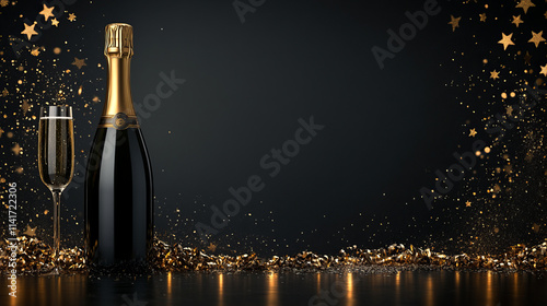 A champagne bottle and glass on a blurred background. photo