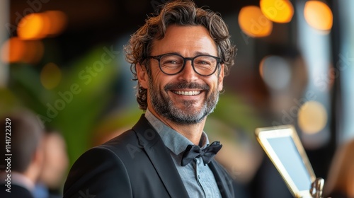 A well-dressed man with curly hair and glasses exudes charm as he smiles, holding an award in a sophisticated gathering filled with warm lights and elegant decor