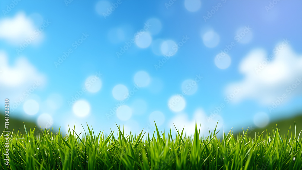Obraz premium A vibrant green grass in the foreground with a bright blue sky and white clouds in the background