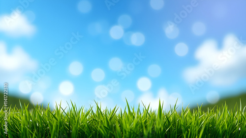 A vibrant green grass in the foreground with a bright blue sky and white clouds in the background