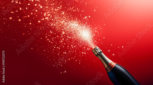 A bottle of champagne ready for celebration, from which New Year's sparklers are flying, in the spirit of New Year's Eve celebration, with a background of strong, cheerful, and vibrant colors photo