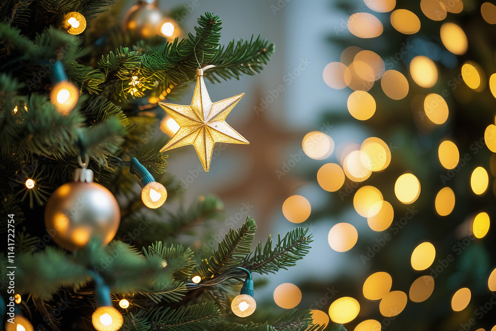Golden Star Ornament with Holiday Lights and Soft Bokeh Glow Golden Star Ornament with Holiday Lights and Soft Bokeh Glow
