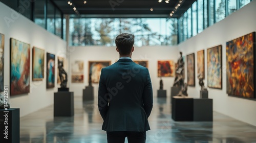 In a spacious contemporary gallery, a well-dressed individual admires the vivid artwork displayed on the walls, surrounded by enthralling sculptures under soft lighting. The setting exudes creativity
