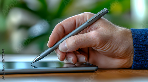 Hand Using Stylus on Tablet, Digital Note-Taking, Close-up Image of a Person's Hand Writing or Drawing on a Tablet Screen with a Sleek Pen in a Relaxed and Natural Manner, Displayi photo