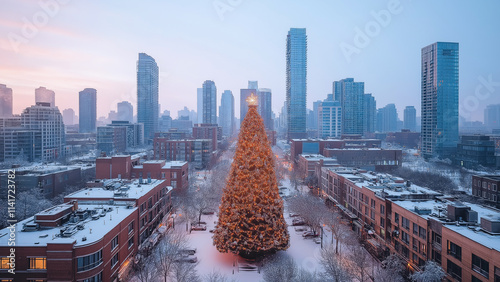 An aerial view of a large city during the winter season, with a huge New Year's tree in the center, decorated with all the ornaments photo