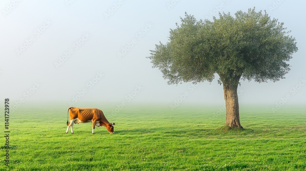 A serene landscape featuring a cow grazing near a tree in a foggy field. A serene landscape featuring a cow grazing near a tree in a foggy field.