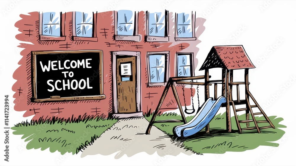 Obraz premium Welcome to School Playground Building and Swing Set