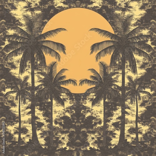 A serene sunset silhouette of palm trees against a golden sun, creating a tropical and tranquil atmosphere.