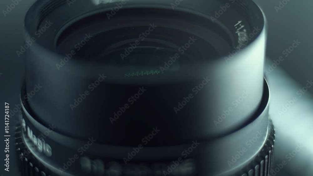 Low aperture camera optic lens flare Macro slow motion video tilt down movement, 120 fps