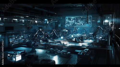 Futuristic factory interior with robotic arms, digital displays, and automated production lines.