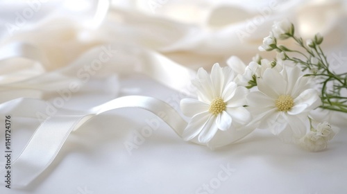 Delicate White Flowers Resting on Soft White Ribbon