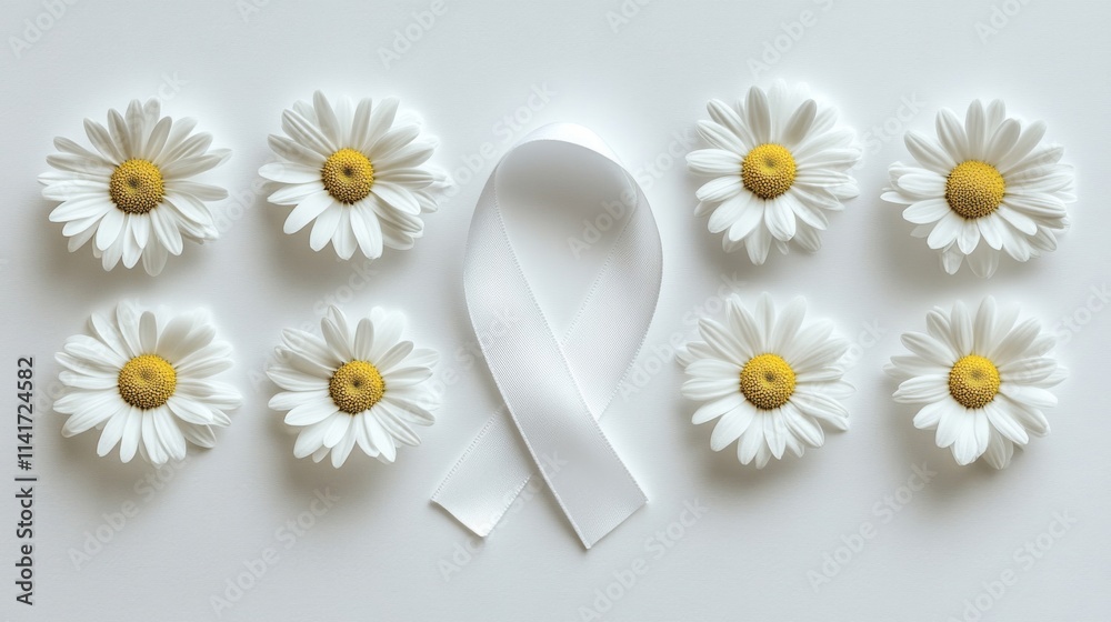 Obraz premium White Ribbon and Daisies Symbolize Awareness and Hope