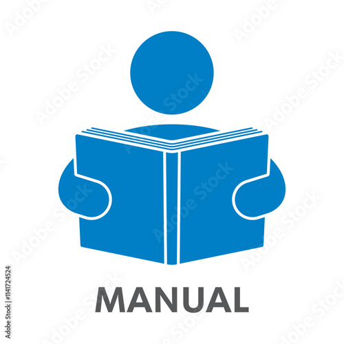 Vector blue icon of a character reading an open book. Education symbol. User manual icon. Isolated on white background.