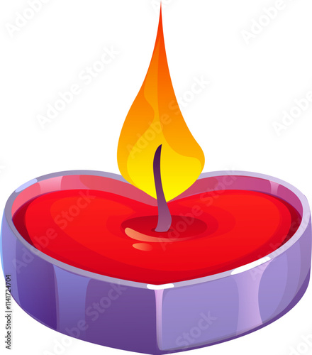 Cartoon heart shaped candle with glowing flame, symbol of romance and love for valentines holiday. Vector romantic candlelight for celebrating affection and creating warm, intimate ambiance on dating