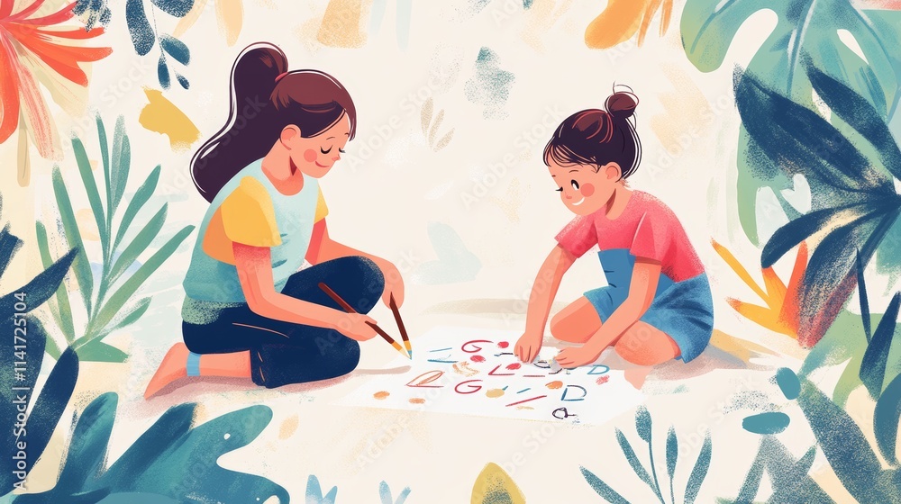 Kids drawing together, colorful art, children playing, bright leaves around, creative activity, fun childhood Kids drawing together, colorful art, children playing, bright leaves around, creative activity, fun childhood
