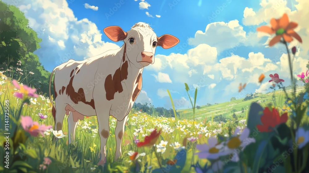 A young calf stands in a vibrant field of wildflowers under a sunny sky. A young calf stands in a vibrant field of wildflowers under a sunny sky.