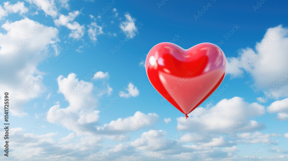 Red Heart Balloon Floating Against Clear Blue Sky with White Clouds. Symbolizing love, joy, love and celebrations. Valentine's Day. Wedding Anniversary. World Balloon Day. Red Heart Balloon Floating Against Clear Blue Sky with White Clouds. Symbolizing love, joy, love and celebrations. Valentine's Day. Wedding Anniversary. World Balloon Day.