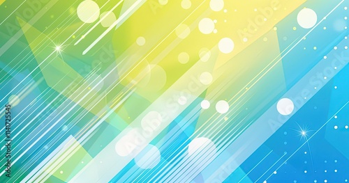 A vibrant abstract design featuring dynamic lines and circles in green and blue hues.