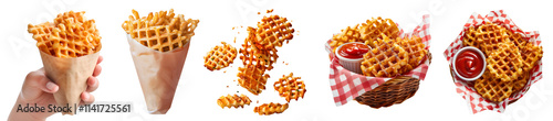 Criss cut waffle potato fries, many angles and view side top front heap pile, food tray wrap, baked fried, fly, hand hold, seasoned on transparent cutout, PNG file. Mockup template for artwork design photo