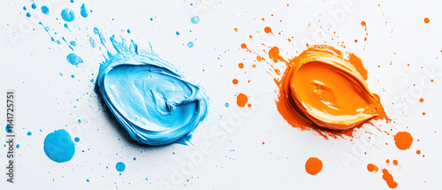 Creative splashes of orange and blue paint on a white background inspire artistic designs with vibrant color combinations photo